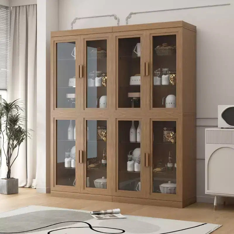 72 High Glass Door Wood Grain Decorative Storage Cabinet Display Cabinet, with Sufficient Space for 12 Shelves