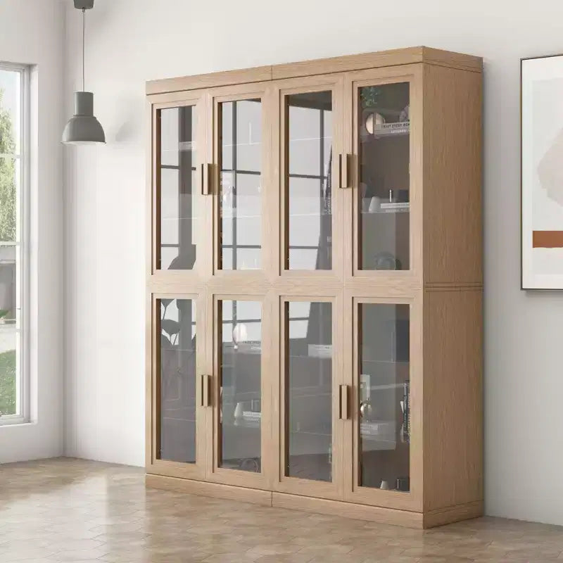 72 High Glass Door Wood Grain Decorative Storage Cabinet Display Cabinet, with Sufficient Space for 12 Shelves