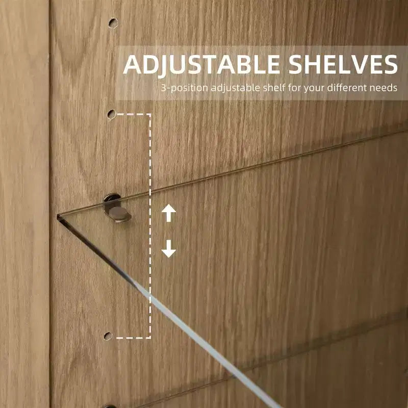 72 High Glass Door Wood Grain Decorative Storage Cabinet Display Cabinet, with Sufficient Space for 12 Shelves