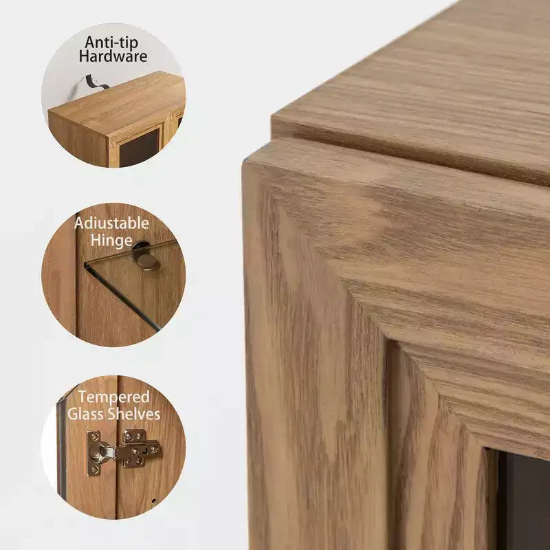 72 High Glass Door Wood Grain Decorative Storage Cabinet Display Cabinet, with Sufficient Space for 12 Shelves