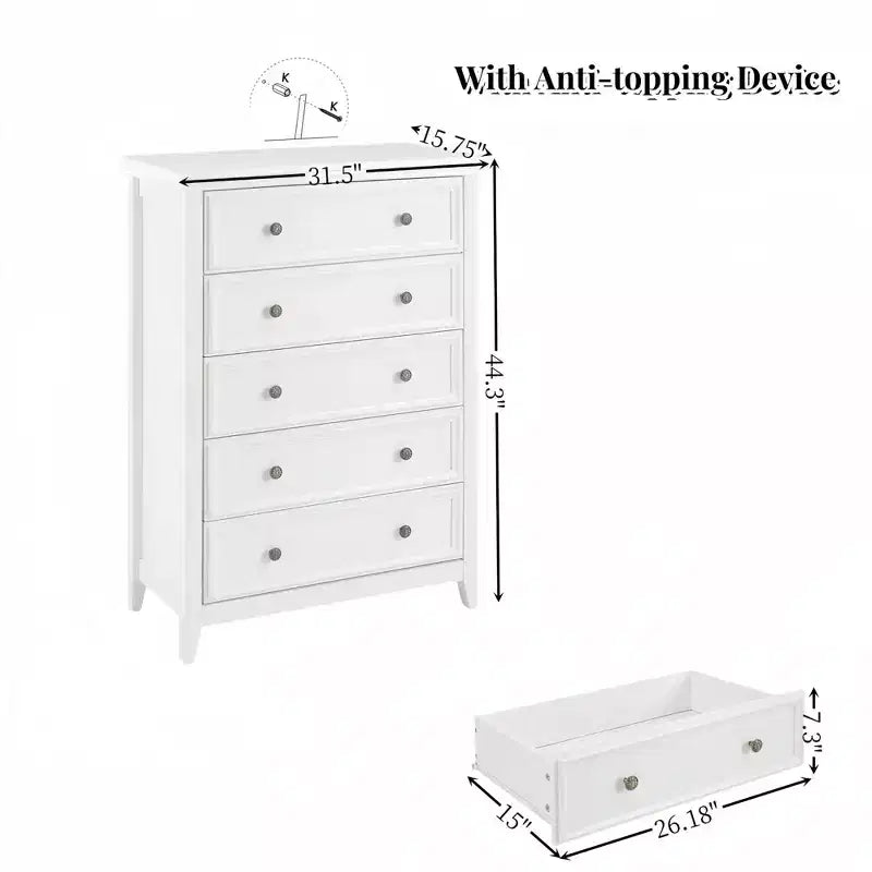 5 Drawers Dresser 5 Drawers Cabinet,Storage Clothes Storage Drawers Cabinet for Living Room Organizer WHITE