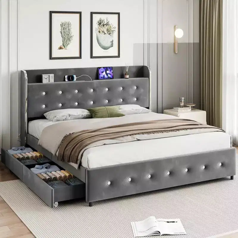 Full Bed Frame with 4 Storage Drawers, Velvet Upholstered Platform Bed Frame, Wooden Slats Support, No Box Spring Needed, 1000lbs Support, Gray