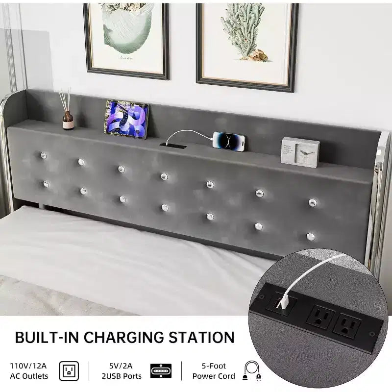 Full Bed Frame with 4 Storage Drawers, Velvet Upholstered Platform Bed Frame, Wooden Slats Support, No Box Spring Needed, 1000lbs Support, Gray