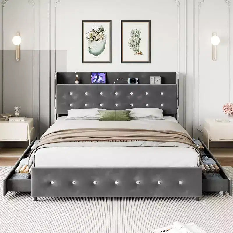 Full Bed Frame with 4 Storage Drawers, Velvet Upholstered Platform Bed Frame, Wooden Slats Support, No Box Spring Needed, 1000lbs Support, Gray