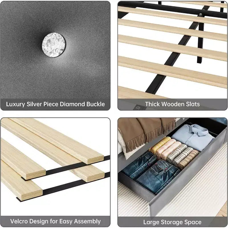 Full Bed Frame with 4 Storage Drawers, Velvet Upholstered Platform Bed Frame, Wooden Slats Support, No Box Spring Needed, 1000lbs Support, Gray