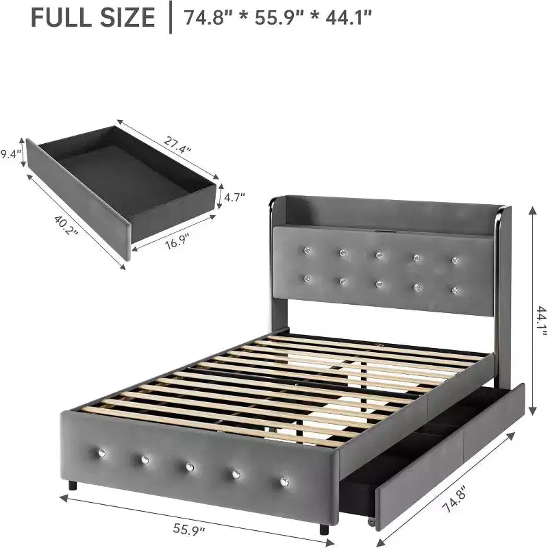 Full Bed Frame with 4 Storage Drawers, Velvet Upholstered Platform Bed Frame, Wooden Slats Support, No Box Spring Needed, 1000lbs Support, Gray