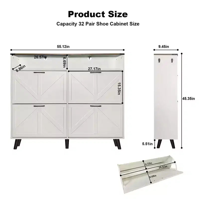 Shoe Storage Cabinet, Farmhouse Shoe Organizer with 4 Flip Drawers and Open Storage, Freestanding Narrow Shoe Rack Cabinet for Entryway, Hallway