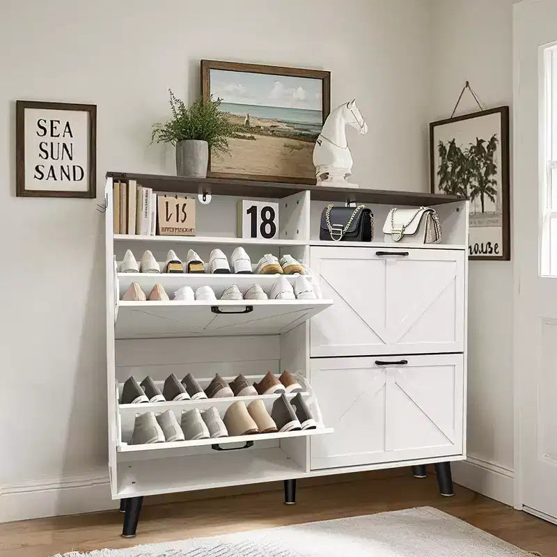 Shoe Storage Cabinet, Farmhouse Shoe Organizer with 4 Flip Drawers and Open Storage, Freestanding Narrow Shoe Rack Cabinet for Entryway, Hallway
