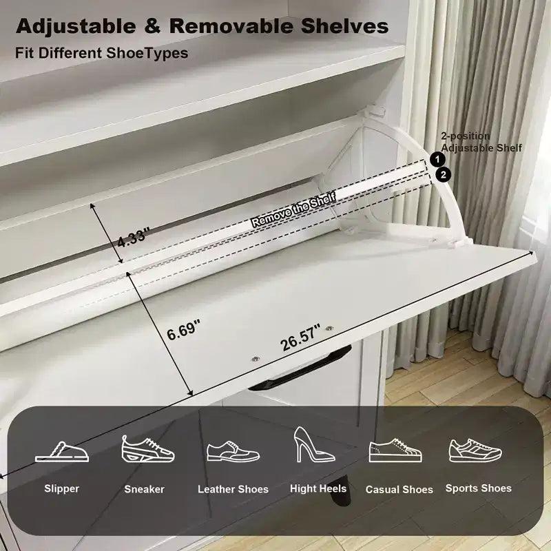 Shoe Storage Cabinet, Farmhouse Shoe Organizer with 4 Flip Drawers and Open Storage, Freestanding Narrow Shoe Rack Cabinet for Entryway, Hallway