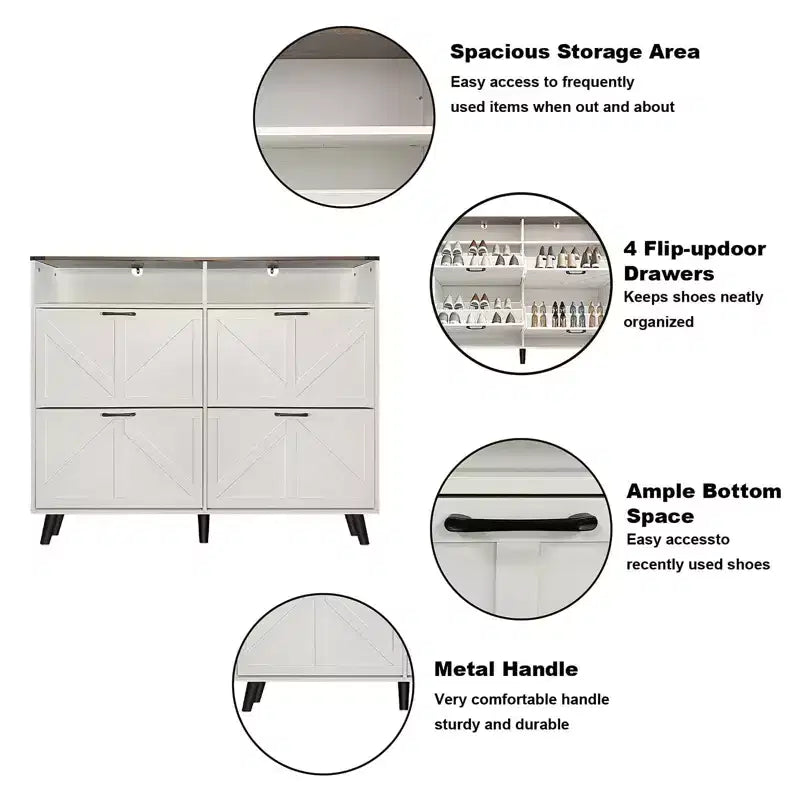 Shoe Storage Cabinet, Farmhouse Shoe Organizer with 4 Flip Drawers and Open Storage, Freestanding Narrow Shoe Rack Cabinet for Entryway, Hallway