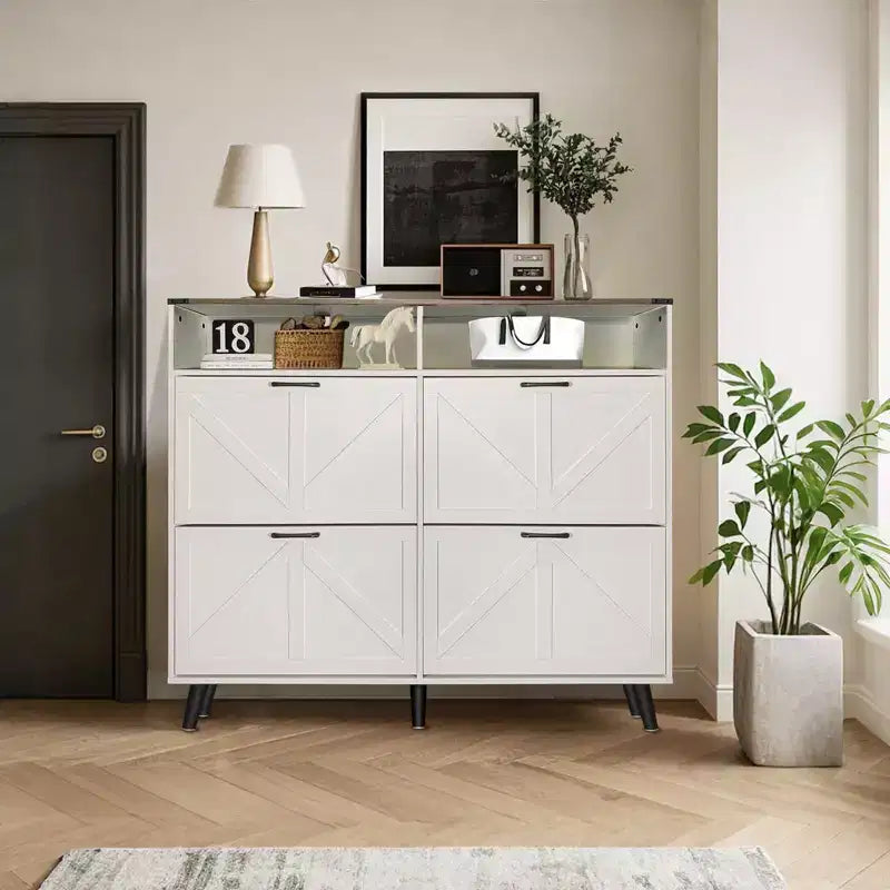 Shoe Storage Cabinet, Farmhouse Shoe Organizer with 4 Flip Drawers and Open Storage, Freestanding Narrow Shoe Rack Cabinet for Entryway, Hallway
