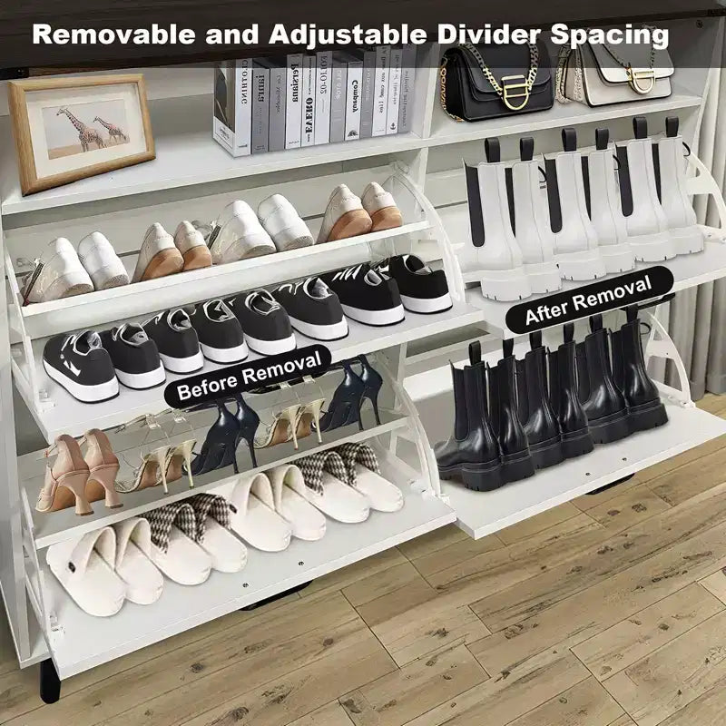 Shoe Storage Cabinet, Farmhouse Shoe Organizer with 4 Flip Drawers and Open Storage, Freestanding Narrow Shoe Rack Cabinet for Entryway, Hallway