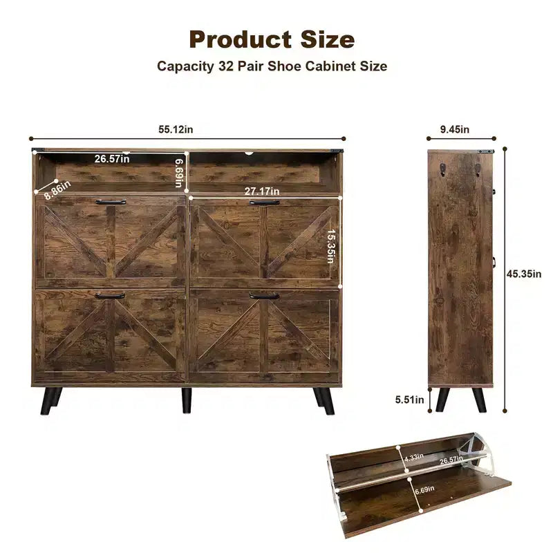 Shoe Storage Cabinet, Farmhouse Shoe Organizer with 4 Flip Drawers and Open Storage, Freestanding Narrow Shoe Rack Cabinet for Entryway, Hallway