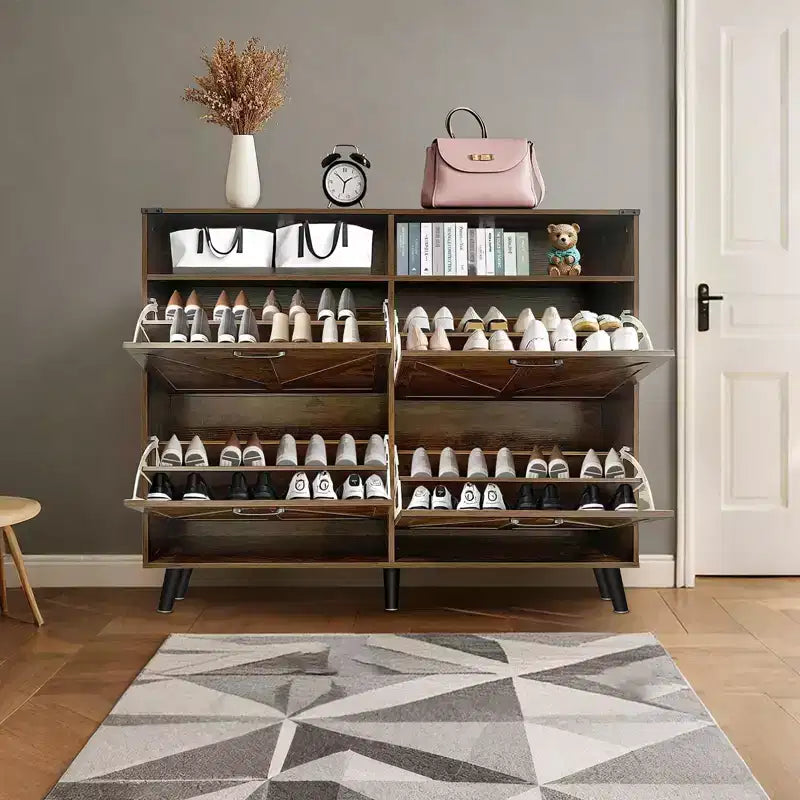 Shoe Storage Cabinet, Farmhouse Shoe Organizer with 4 Flip Drawers and Open Storage, Freestanding Narrow Shoe Rack Cabinet for Entryway, Hallway
