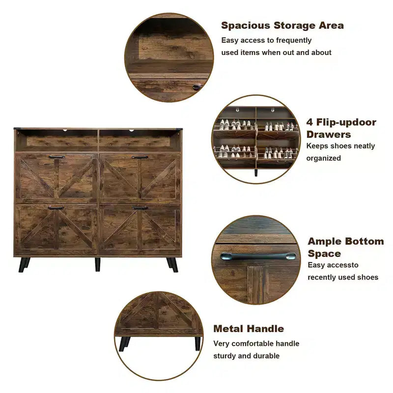 Shoe Storage Cabinet, Farmhouse Shoe Organizer with 4 Flip Drawers and Open Storage, Freestanding Narrow Shoe Rack Cabinet for Entryway, Hallway