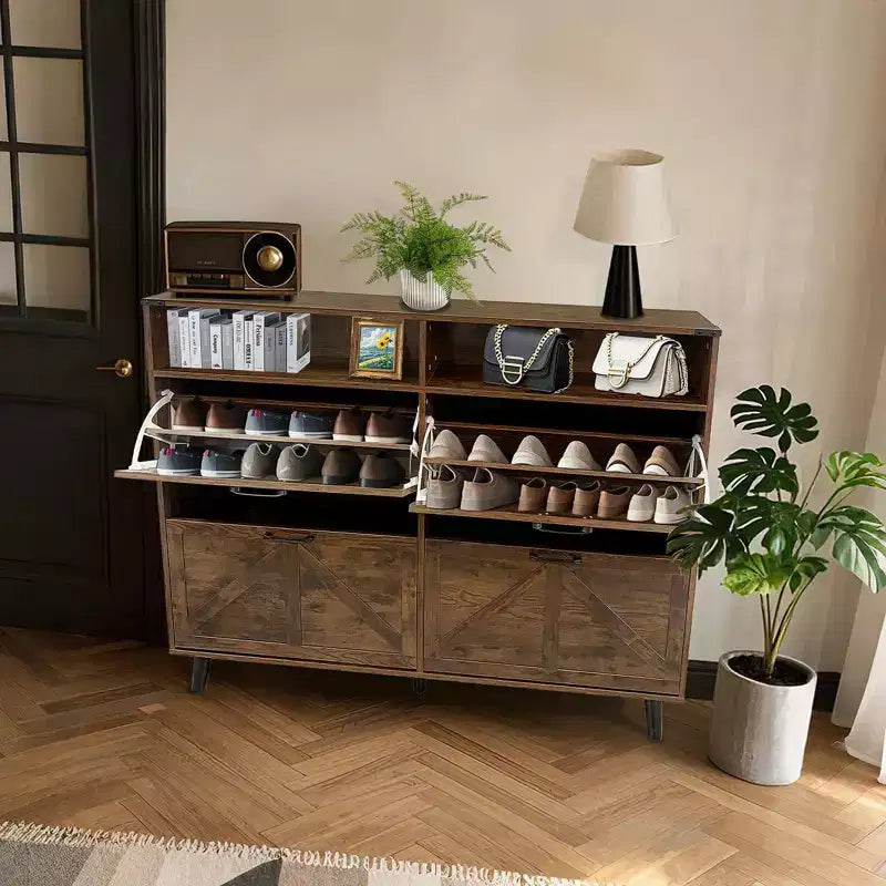 Shoe Storage Cabinet, Farmhouse Shoe Organizer with 4 Flip Drawers and Open Storage, Freestanding Narrow Shoe Rack Cabinet for Entryway, Hallway