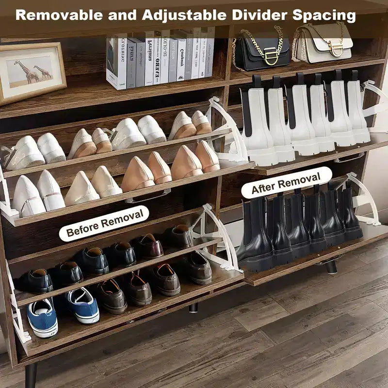 Shoe Storage Cabinet, Farmhouse Shoe Organizer with 4 Flip Drawers and Open Storage, Freestanding Narrow Shoe Rack Cabinet for Entryway, Hallway