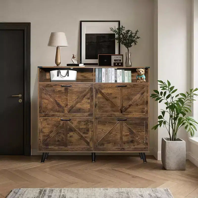 Shoe Storage Cabinet, Farmhouse Shoe Organizer with 4 Flip Drawers and Open Storage, Freestanding Narrow Shoe Rack Cabinet for Entryway, Hallway