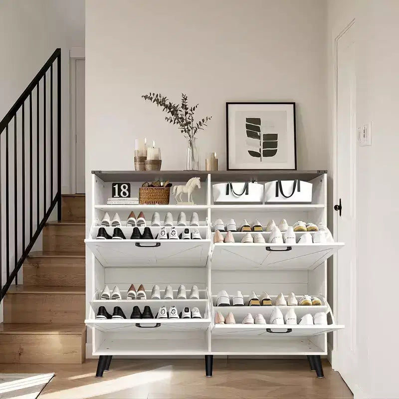 Shoe Storage Cabinet, Farmhouse Shoe Organizer with 4 Flip Drawers and Open Storage, Freestanding Narrow Shoe Rack Cabinet for Entryway, Hallway