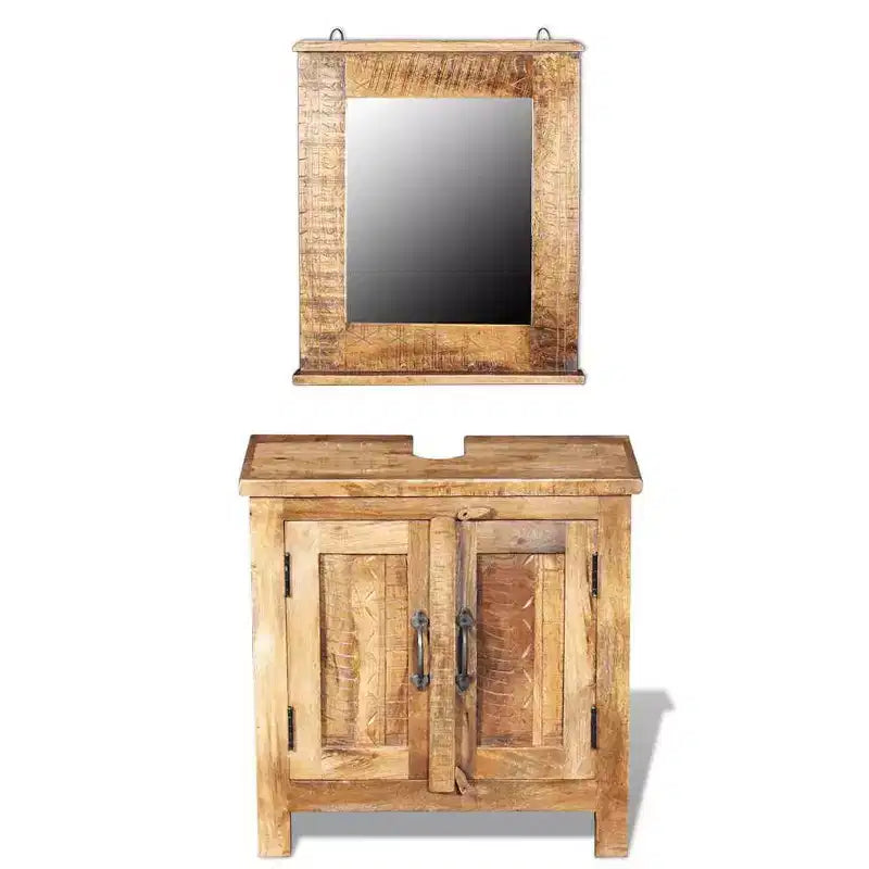 vidaXL Solid Mango Wood Bathroom Vanity Cabinet Set with Antique-Style Mirror - Unique, Sturdy, 23.6 Cabinet with 2 Shelves and Wood Grain Variation