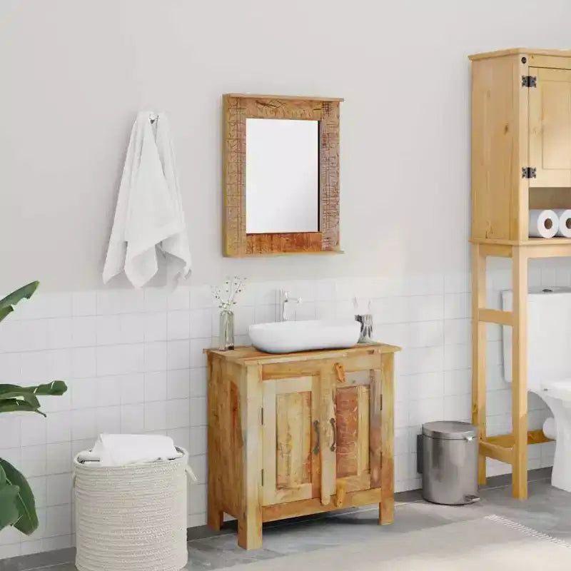 Solid Mango Wood Bathroom Vanity Cabinet Set with Antique-Style Mirror - Unique, Sturdy, 23.6 Cabinet with 2 Shelves and Wood Grain Variation
