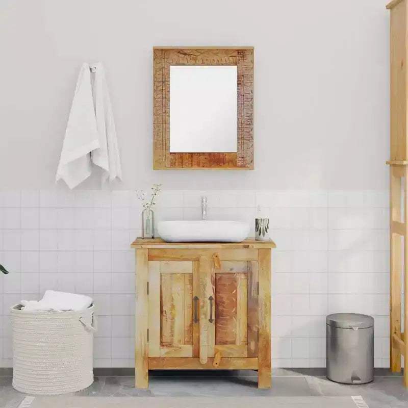 Solid Mango Wood Bathroom Vanity Cabinet Set with Antique-Style Mirror - Unique, Sturdy, 23.6 Cabinet with 2 Shelves and Wood Grain Variation