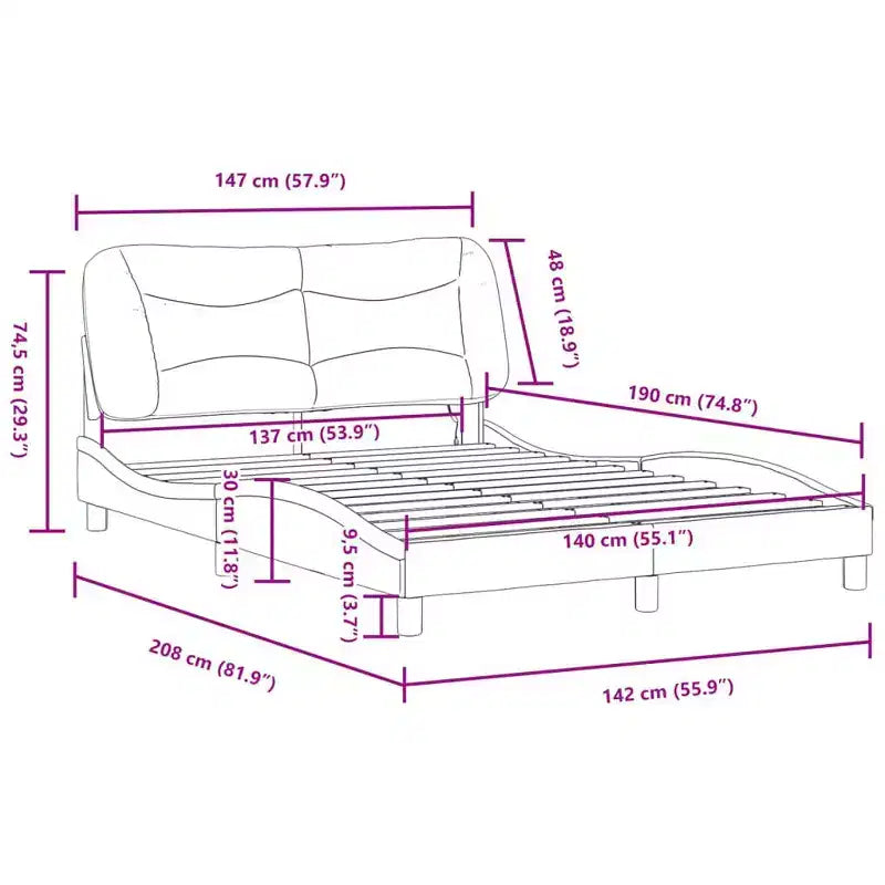 LED-Lit Full Size Bed Frame in Black/White - 53.9x74.8 with Faux Leather Finish, Plywood Slats, and Comfort Headboard Cushion