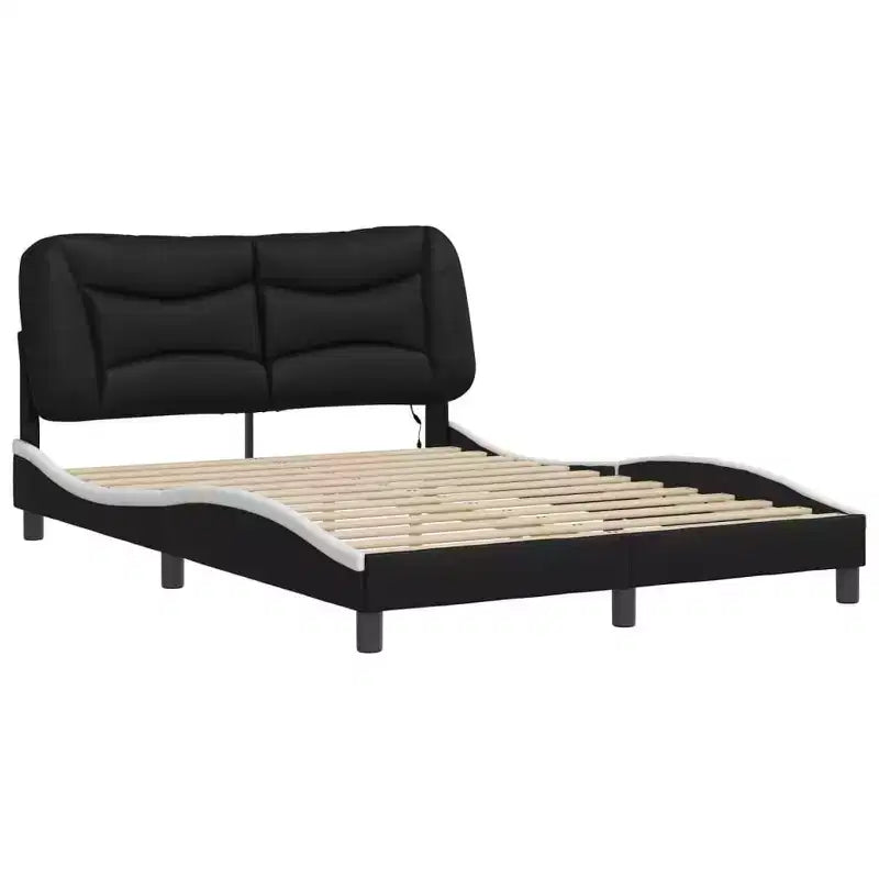 LED-Lit Full Size Bed Frame in Black/White - 53.9x74.8 with Faux Leather Finish, Plywood Slats, and Comfort Headboard Cushion
