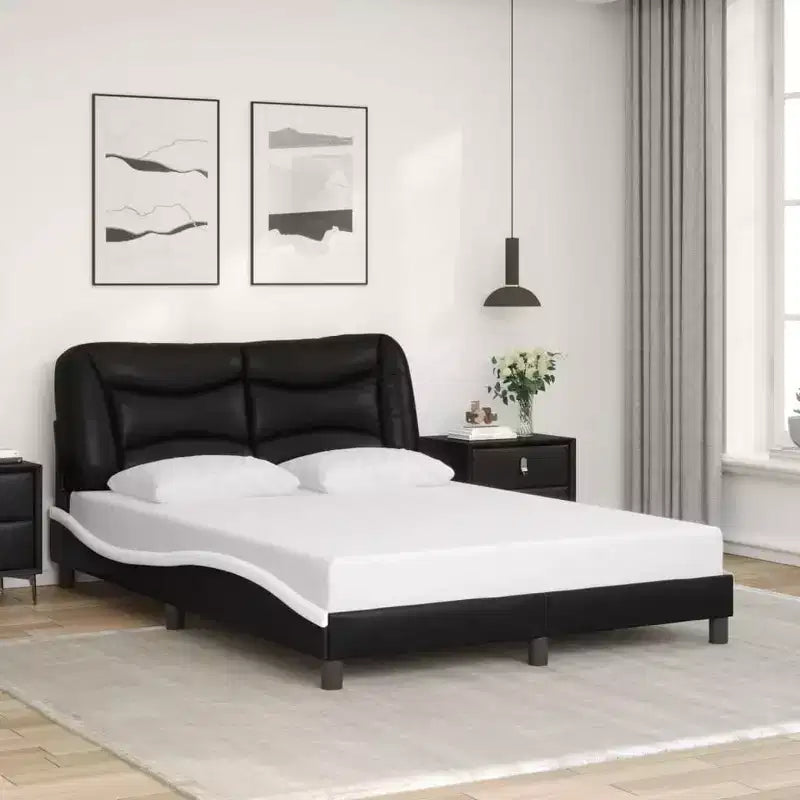 LED-Lit Full Size Bed Frame in Black/White - 53.9x74.8 with Faux Leather Finish, Plywood Slats, and Comfort Headboard Cushion