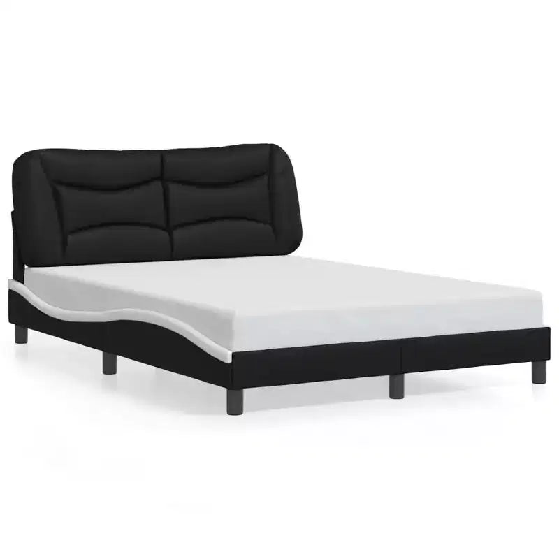 LED-Lit Full Size Bed Frame in Black/White - 53.9x74.8 with Faux Leather Finish, Plywood Slats, and Comfort Headboard Cushion
