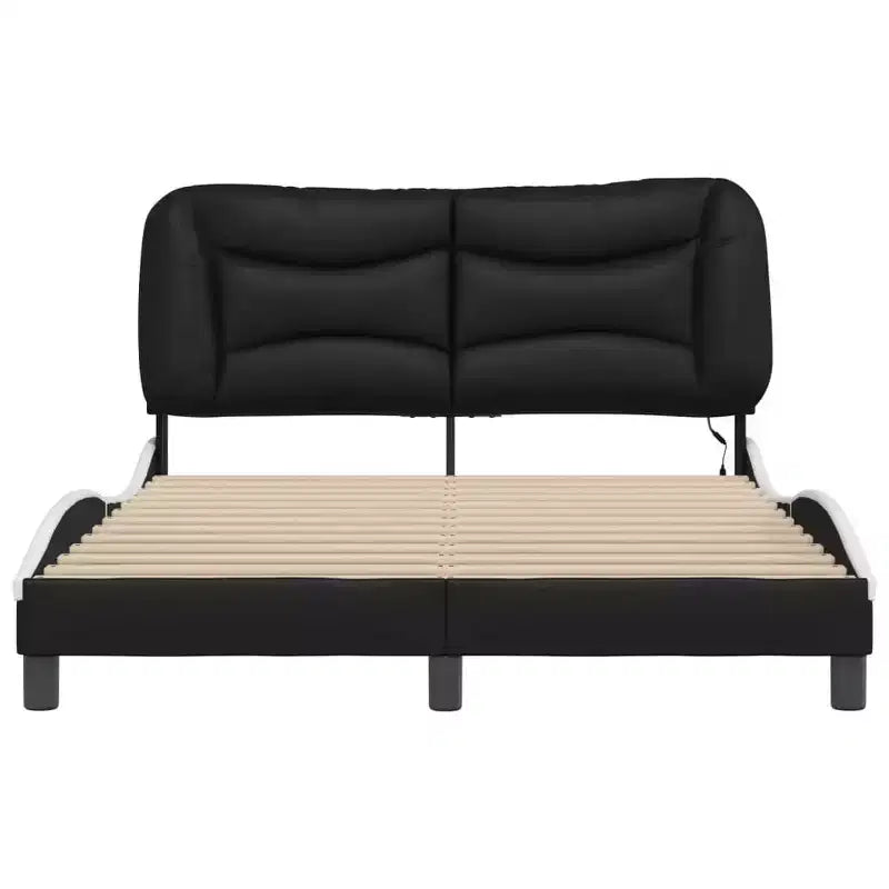 LED-Lit Full Size Bed Frame in Black/White - 53.9x74.8 with Faux Leather Finish, Plywood Slats, and Comfort Headboard Cushion