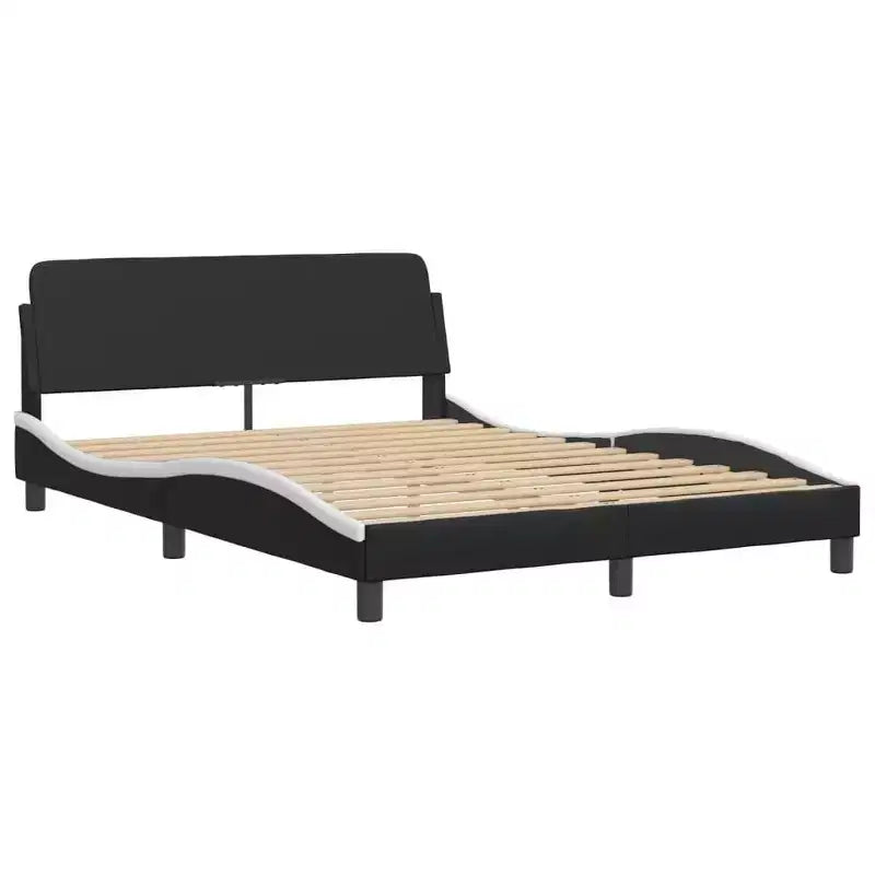 LED-Lit Full Size Bed Frame in Black/White - 53.9x74.8 with Faux Leather Finish, Plywood Slats, and Comfort Headboard Cushion