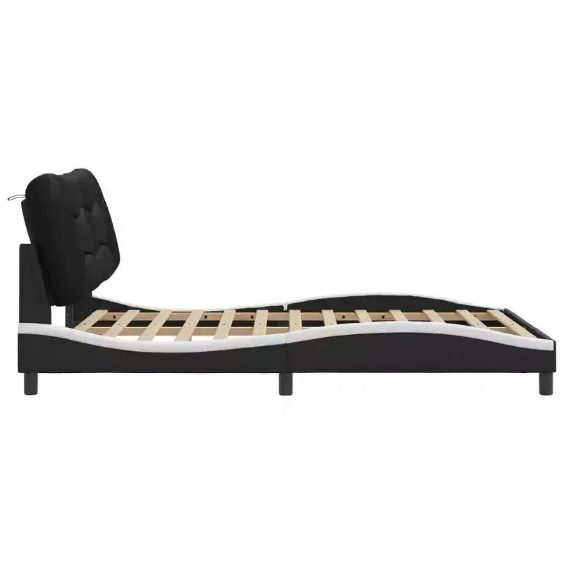LED-Lit Full Size Bed Frame in Black/White - 53.9x74.8 with Faux Leather Finish, Plywood Slats, and Comfort Headboard Cushion