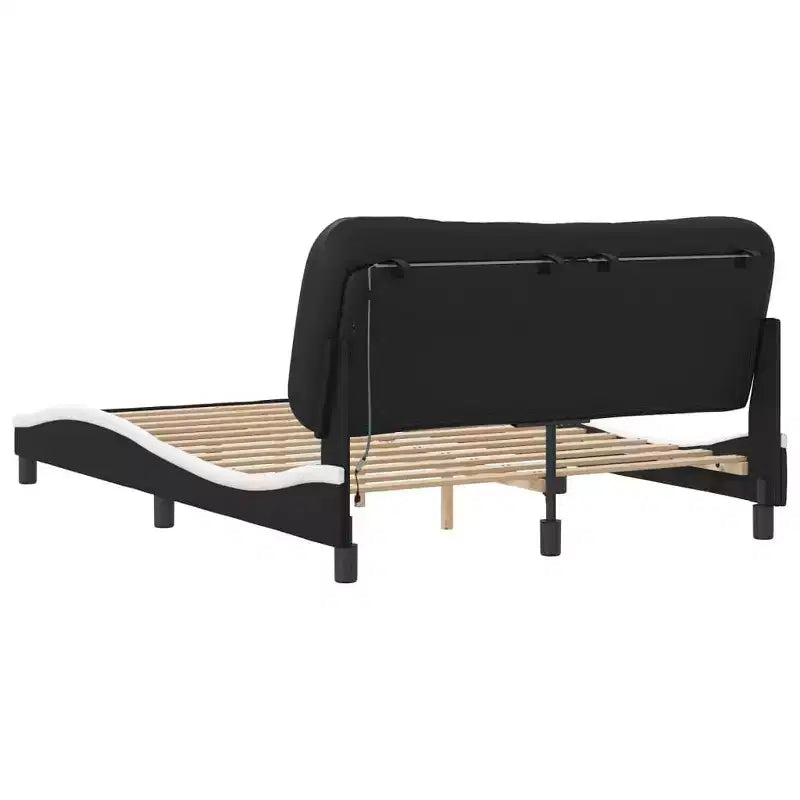 LED-Lit Full Size Bed Frame in Black/White - 53.9x74.8 with Faux Leather Finish, Plywood Slats, and Comfort Headboard Cushion