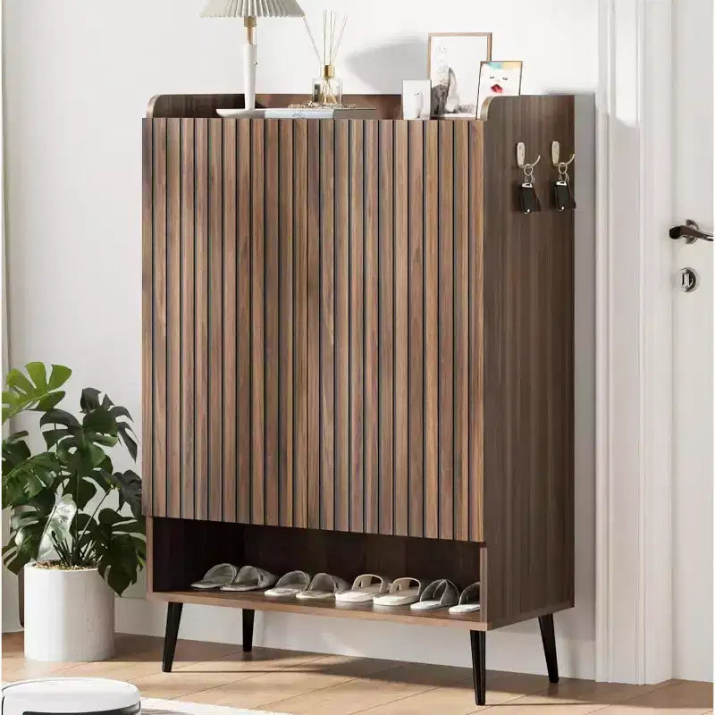 Large Shoe Cabinet with 2 Doors, 6-Tier Adjustable Shelves, Freestanding Entryway Shoe Organizer with Hooks, Brown
