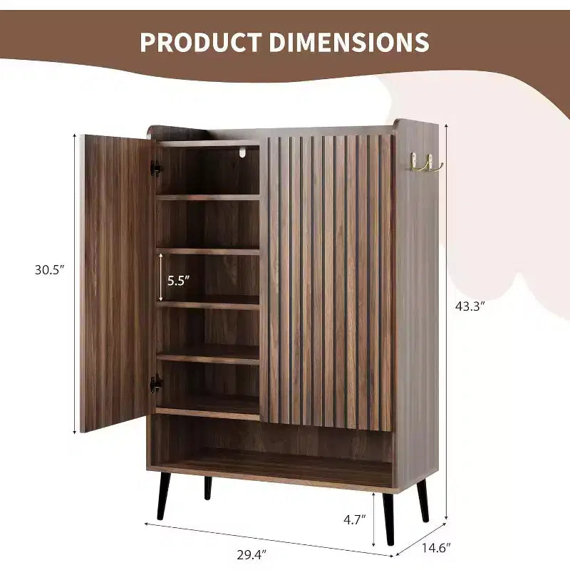 Large Shoe Cabinet with 2 Doors, 6-Tier Adjustable Shelves, Freestanding Entryway Shoe Organizer with Hooks, Brown