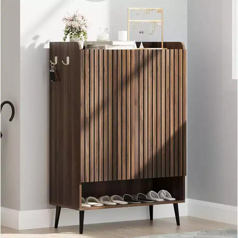 Large Shoe Cabinet with 2 Doors, 6-Tier Adjustable Shelves, Freestanding Entryway Shoe Organizer with Hooks, Brown