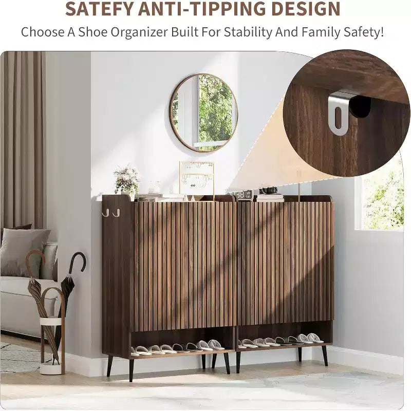 Large Shoe Cabinet with 2 Doors, 6-Tier Adjustable Shelves, Freestanding Entryway Shoe Organizer with Hooks, Brown