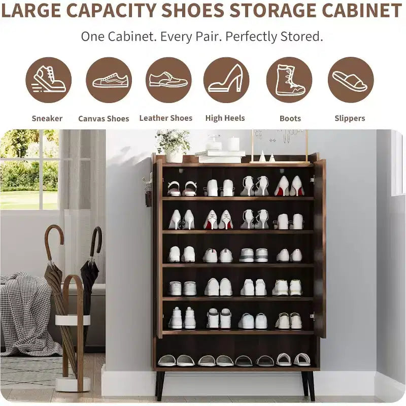 Large Shoe Cabinet with 2 Doors, 6-Tier Adjustable Shelves, Freestanding Entryway Shoe Organizer with Hooks, Brown