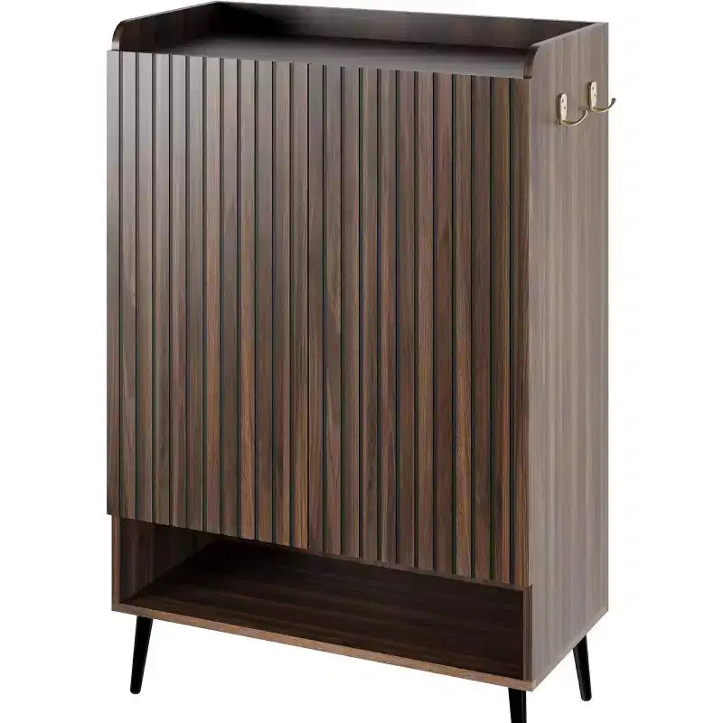 Large Shoe Cabinet with 2 Doors, 6-Tier Adjustable Shelves, Freestanding Entryway Shoe Organizer with Hooks, Brown