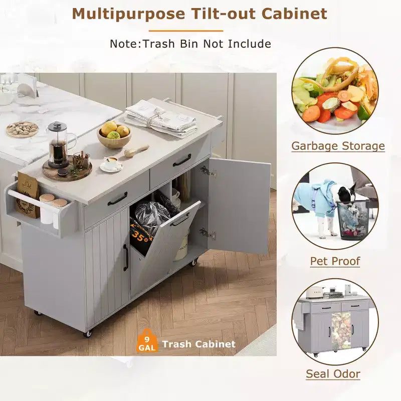 Rolling Kitchen Island with Trash Can Storage Cabinet, Kitchen Cart with Drop Leaf, Spice Rack, Towel Rack and Drawer