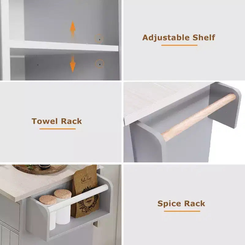 Rolling Kitchen Island with Trash Can Storage Cabinet, Kitchen Cart with Drop Leaf, Spice Rack, Towel Rack and Drawer