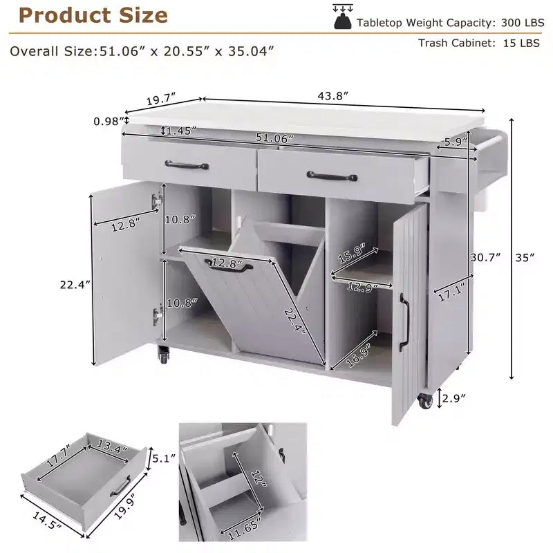 Rolling Kitchen Island with Trash Can Storage Cabinet, Kitchen Cart with Drop Leaf, Spice Rack, Towel Rack and Drawer
