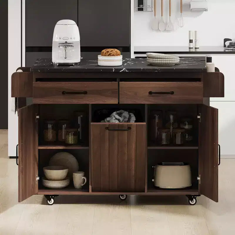 Rolling Kitchen Island with Trash Can Storage Cabinet, Kitchen Cart with Drop Leaf, Spice Rack, Towel Rack and Drawer