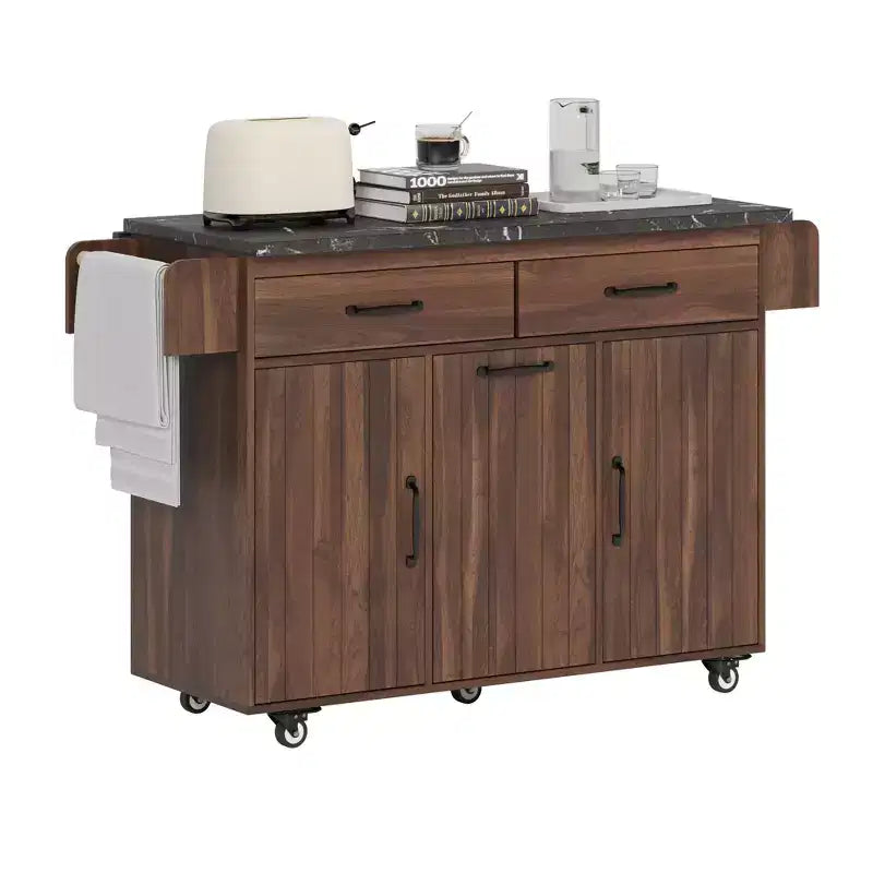 Rolling Kitchen Island with Trash Can Storage Cabinet, Kitchen Cart with Drop Leaf, Spice Rack, Towel Rack and Drawer