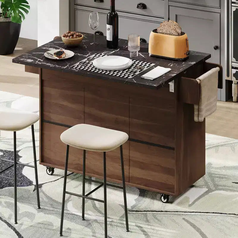Rolling Kitchen Island with Trash Can Storage Cabinet, Kitchen Cart with Drop Leaf, Spice Rack, Towel Rack and Drawer