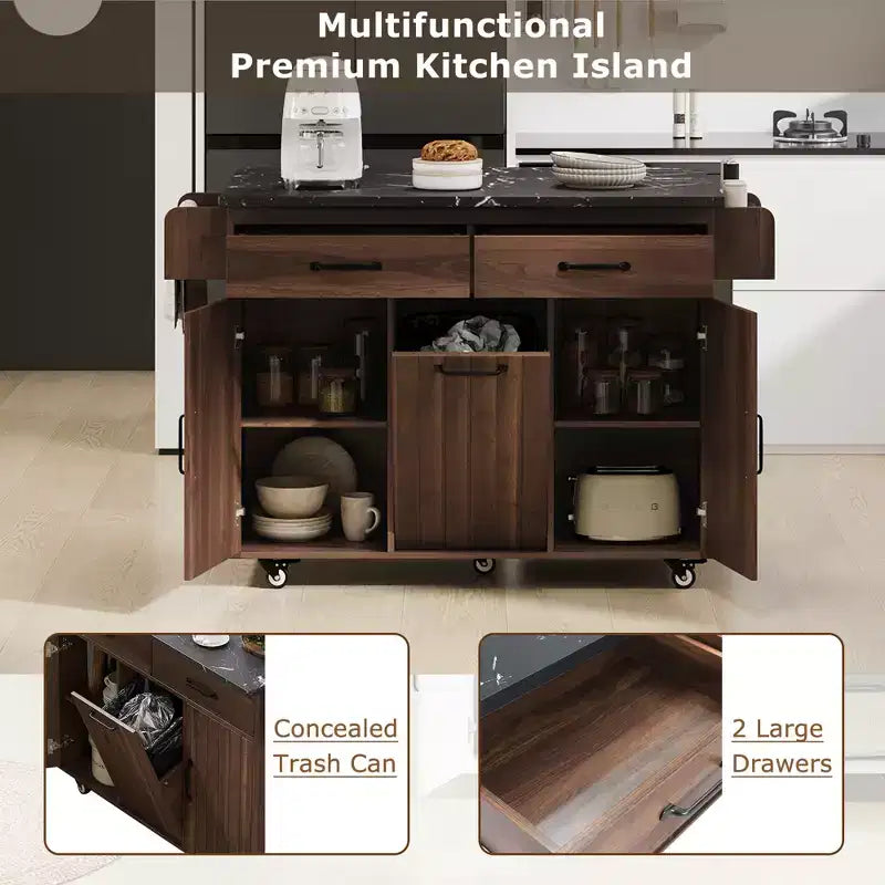 Rolling Kitchen Island with Trash Can Storage Cabinet, Kitchen Cart with Drop Leaf, Spice Rack, Towel Rack and Drawer