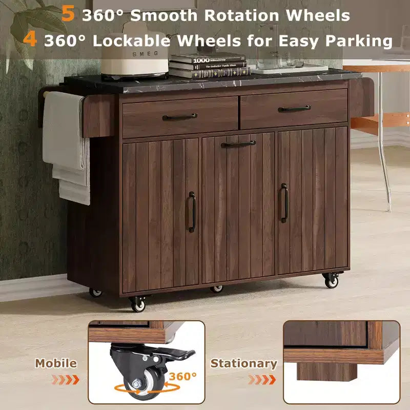 Rolling Kitchen Island with Trash Can Storage Cabinet, Kitchen Cart with Drop Leaf, Spice Rack, Towel Rack and Drawer