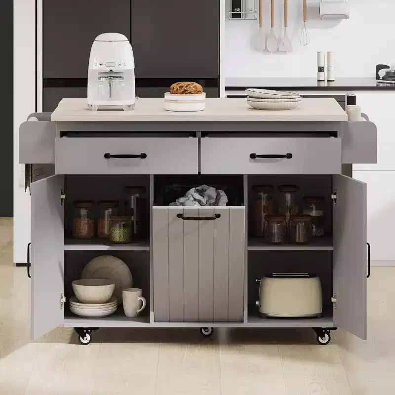 Rolling Kitchen Island with Trash Can Storage Cabinet, Kitchen Cart with Drop Leaf, Spice Rack, Towel Rack and Drawer