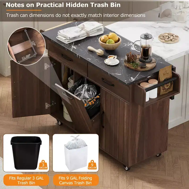 Rolling Kitchen Island with Trash Can Storage Cabinet, Kitchen Cart with Drop Leaf, Spice Rack, Towel Rack and Drawer